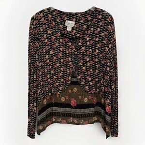 Chic boho Floral Blouse multicolor two tone, long sleeve padded shoulder sz 16